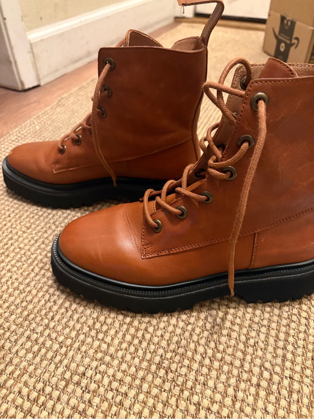 Women's Leather Lace-Up Combat Boots in Cognac Brown